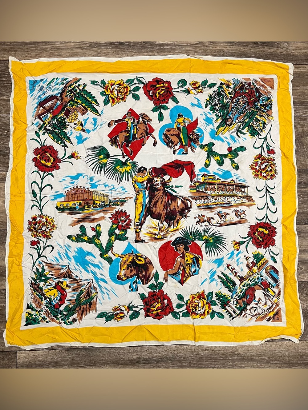Vintage Mid-Century Tourist Souvenir Scarf Bullfighter Novelty Print Glitter